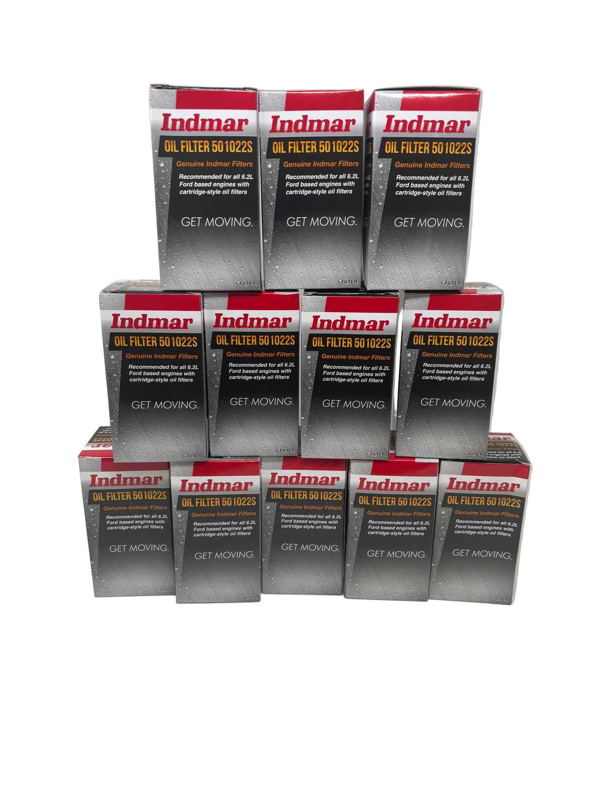 Multiple boxes of Indmar oil filters stacked on a white background