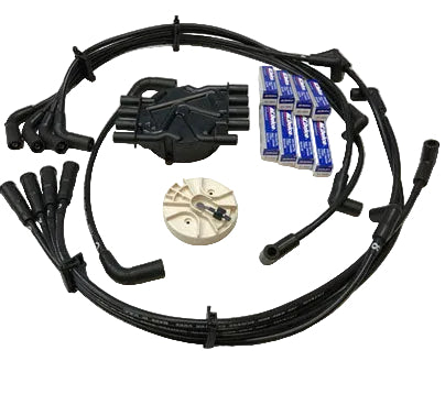 A set of black ignition system parts for a watercraft engine, including a distributor cap, distributor rotor, spark plug wires, and a collection of spark plugs.