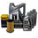 Mobil 1 5W-30 motor oil set with a large gray bottle, three smaller gray bottles, a yellow and blue Hengst filter box, and a pleated yellow oil filter on a white background.