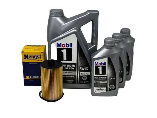 Mobil 1 5W-30 motor oil set with a large gray bottle, three smaller gray bottles, a yellow and blue Hengst filter box, and a pleated yellow oil filter on a white background.