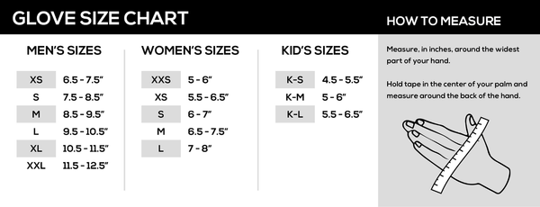 Glove size chart for men, women, and kids with measurement instructions.