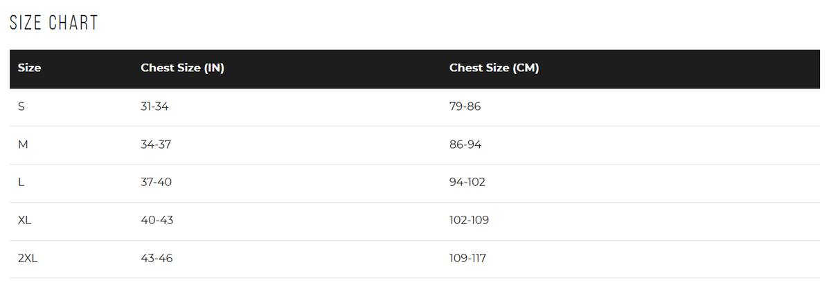 A size chart table showing chest size in inches and centimeters for sizes S through 2XL, with a black header and white table background.