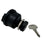 Black ignition switch with a key on a light gray background