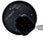 Black plastic component with printed text and a key for scale on a white background