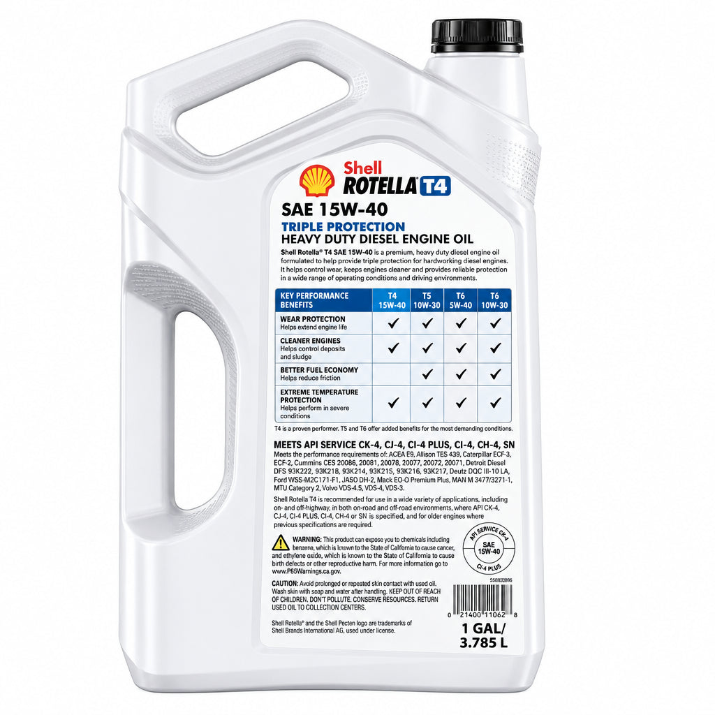 A white plastic jug of motor oil shown from the back, featuring integrated handles, a black cap, and a detailed specification label on a plain white background.