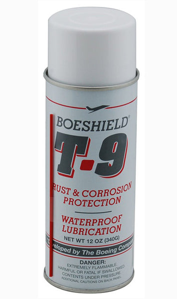 A can of Boeshield T-9 corrosion protection lubricant with the label indicating it is a product by The Boeing Company, designed for dust and corrosion protection, specifically for metals.