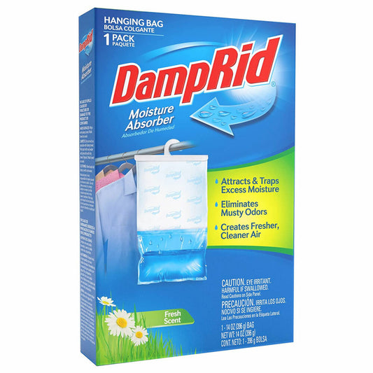 DampRid Moisture Absorber hanging bag packaging box, featuring a blue and green design with the red DampRid logo, an illustration of a hanging moisture absorber bag, and 'Fresh Scent' with daisy graphics at the bottom.