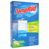 DampRid Moisture Absorber hanging bag packaging box, featuring a blue and green design with the red DampRid logo, an illustration of a hanging moisture absorber bag, and 'Fresh Scent' with daisy graphics at the bottom.