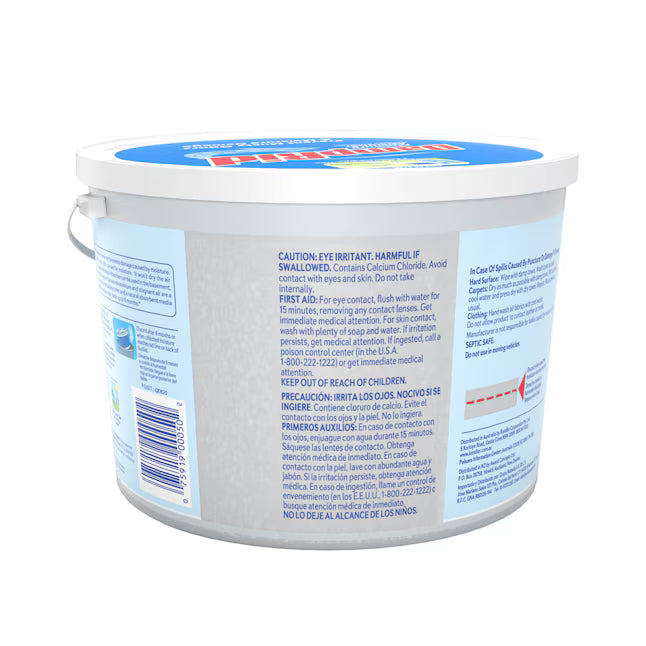 A white plastic tub of Calpol Swallowed with a blue lid, showing the back label with caution details and a small diagram.