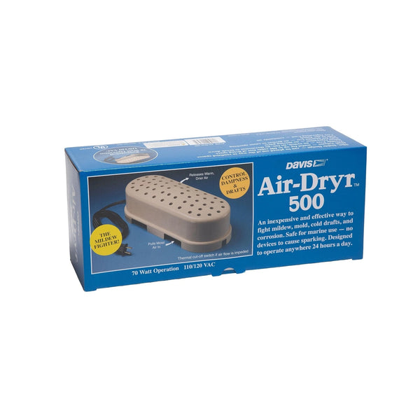 A boxed air dryer product on a plain white background. The package is predominantly blue with a photo of the beige dryer unit on the front and visible text including 'DAVIS' and 'Air-Dryt 500'.
