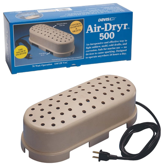 Davis Air-Dryer 500 electric dehumidifier shown with its blue retail box and the device itself on a white background. The dehumidifier is beige with a black power cord.