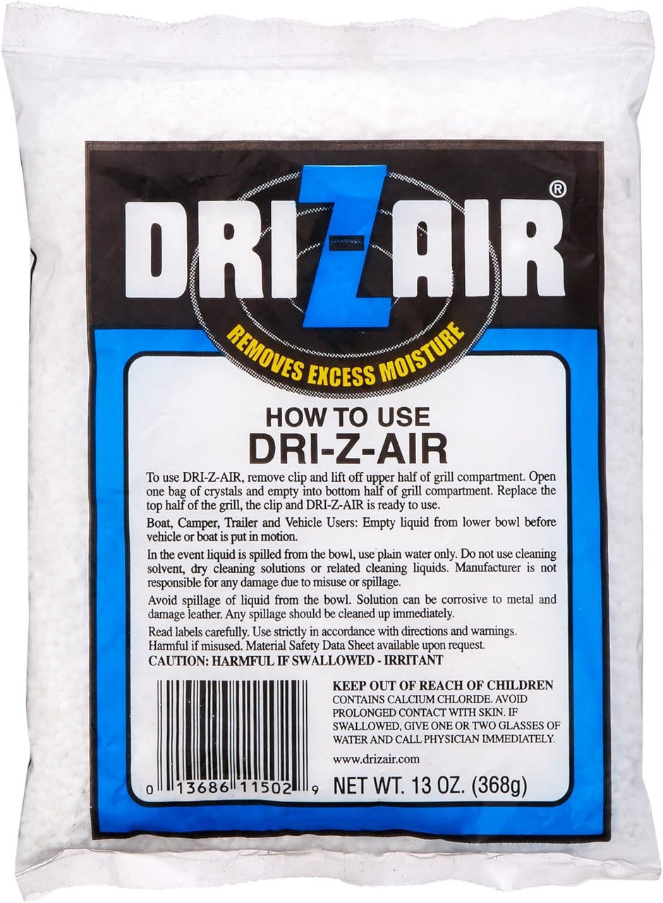A 13 oz bag of Dri-Z-Air desiccant moisture absorber, featuring a white bag with a prominent black and blue label containing product information and a barcode.