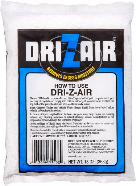 A 13 oz bag of Dri-Z-Air desiccant moisture absorber, featuring a white bag with a prominent black and blue label containing product information and a barcode.