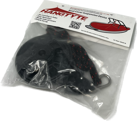 Hangtyte adjustable rope-ratchet boat cover support system for preventing water pooling and sagging on wakeboard boat covers