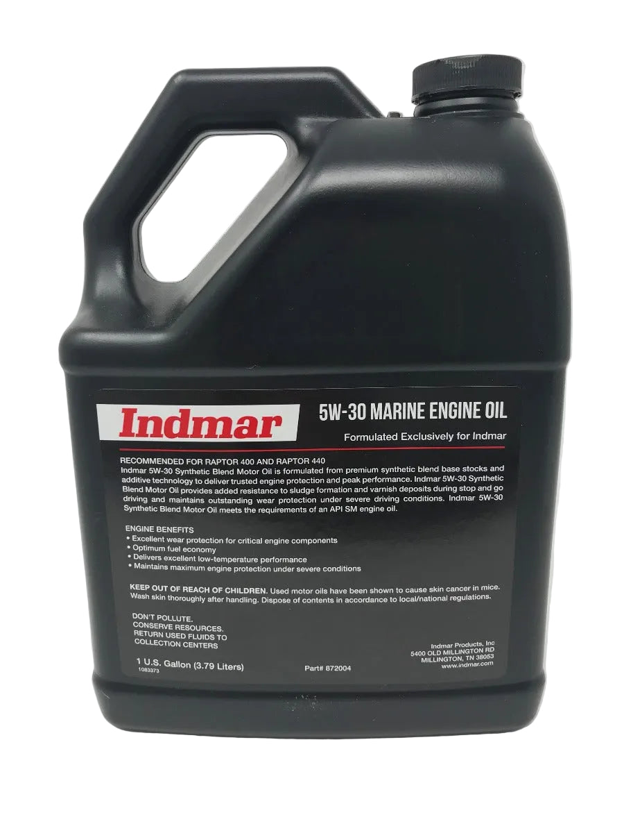 Backside of gallon of indmar engine oil 5w30