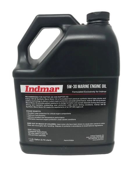 Backside of gallon of indmar engine oil 5w30