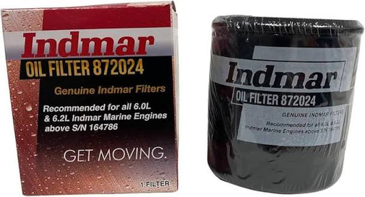 Indmar Oil Filter 872024 shown with its retail box on a plain white background. The box is red and black with the Indmar brand name, and the filter itself is a dark cylindrical cartridge wrapped in clear plastic with a matching label.