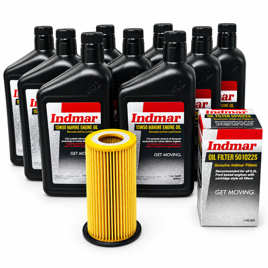 A set of Indmar oil service kits including several bottles of motor oil and one oil filter.