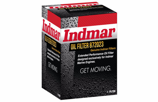 Indmar oil filter packaging with red and black colors featuring the product number 872023.