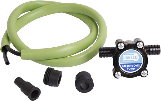 Jabsco 17250-0003 portable drill-powered fluid transfer pump kit with hose and garden hose adapters