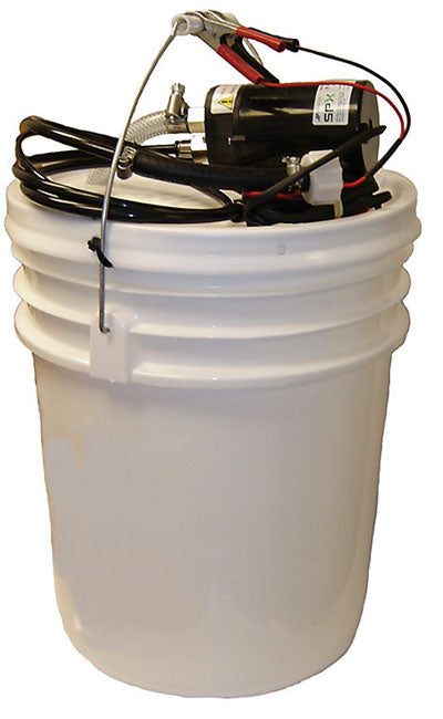 Johnson 65000 portable 12V marine oil change system with gear pump, oil collection pail, extraction tubes and battery clips
