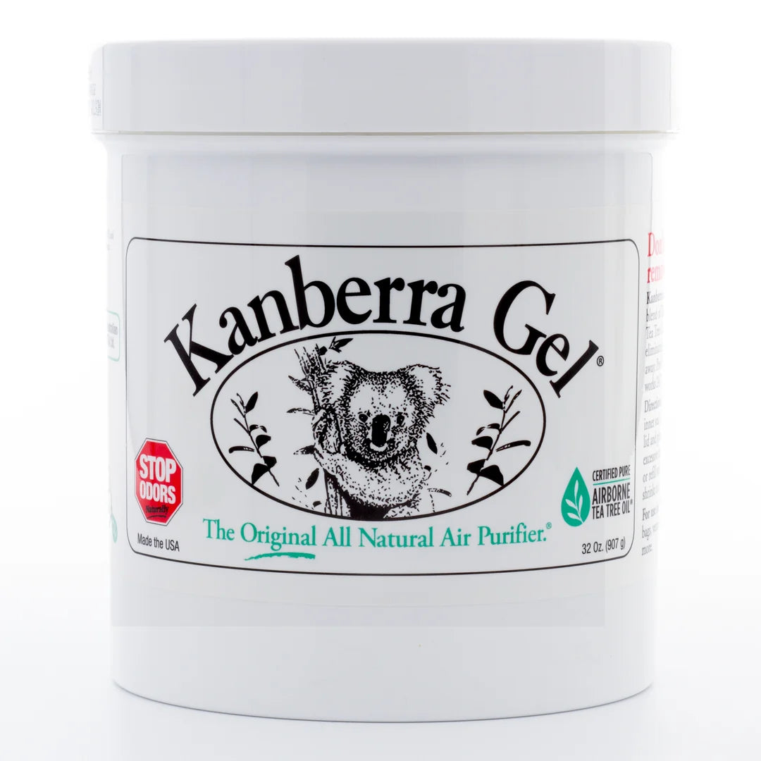 A white plastic tub of Kanberra Gel tea tree air purifier, featuring a white label with a black koala illustration and green and red text details.