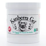 A white plastic tub of Kanberra Gel tea tree air purifier, featuring a white label with a black koala illustration and green and red text details.