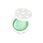 A round white container with its lid off, showing a pale mint green solid or gel-like product inside, placed on a white marble surface.