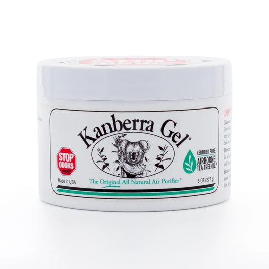 A white plastic jar of Canberra Gel All-Natural Air Purifier with a white label featuring a black koala illustration and red and green accents.