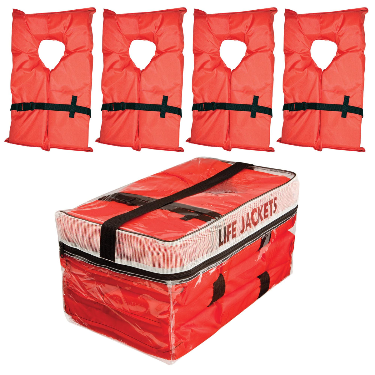 Kent Type II adult life jacket 4-pack with orange USCG approved PFDs and storage bag