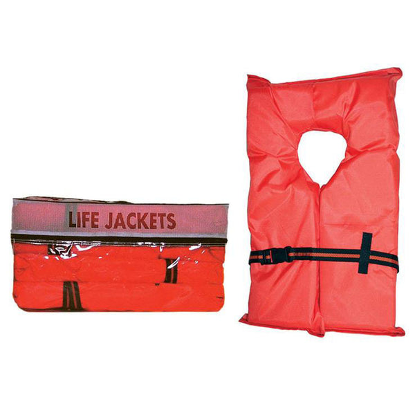 Kent Type II adult life jacket 4-pack with orange USCG approved PFDs and storage bag