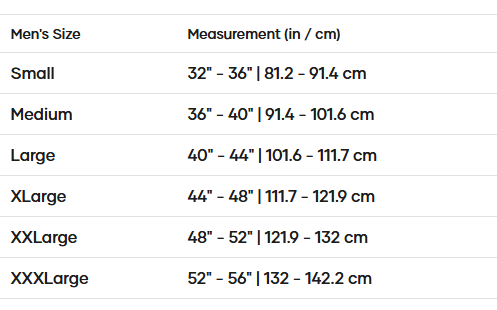 Size chart of the Liquid Force CGA US Coast Guard approved life vest