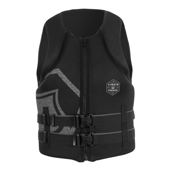 Front view of Liquid Force Hinge 2026 CGA wake vest in black