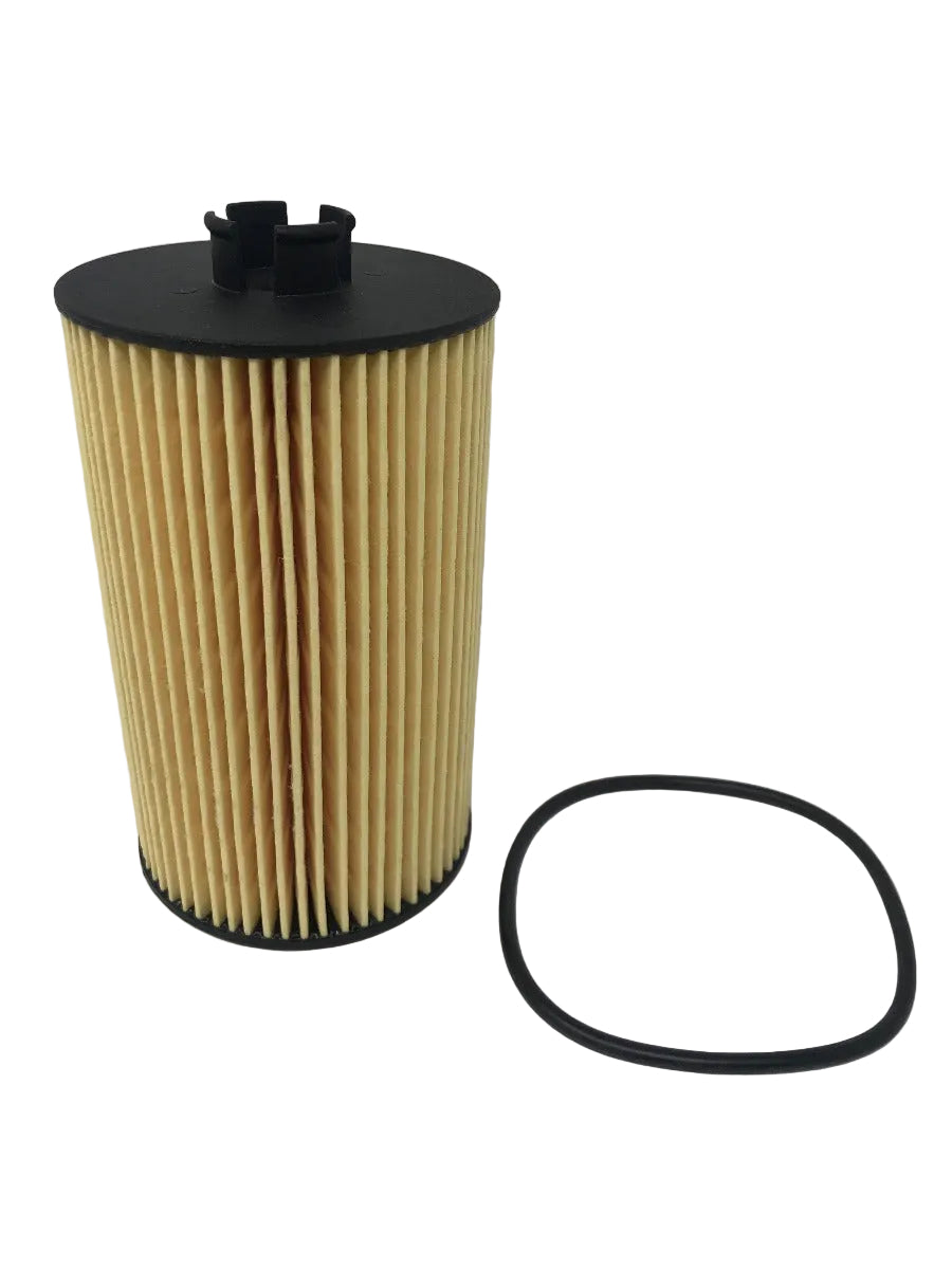 Oil filter cartridge and gasket on a white background