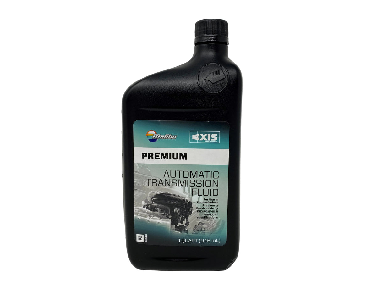 A black bottle of Malibu Premium Automatic Transmission Fluid on a white background with product details and branding visible.