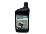 A black bottle of Malibu Premium Automatic Transmission Fluid on a white background with product details and branding visible.