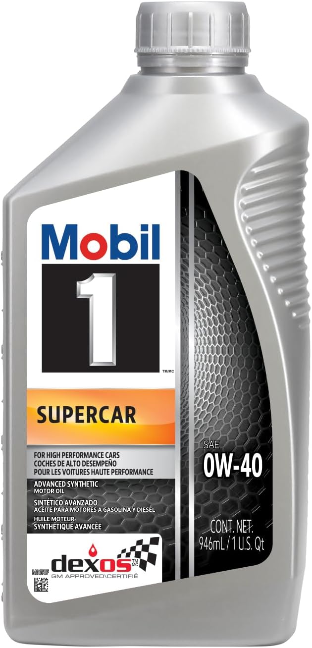 A quart bottle of Mobil 1 Supercar 0W-40 full synthetic motor oil with branding and product information on the label.