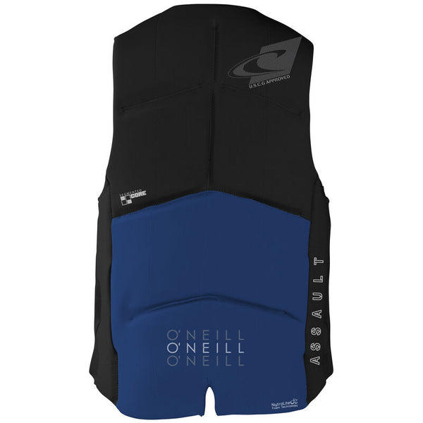 Back view of O'Neill Assault CGA watersports life vest in blue