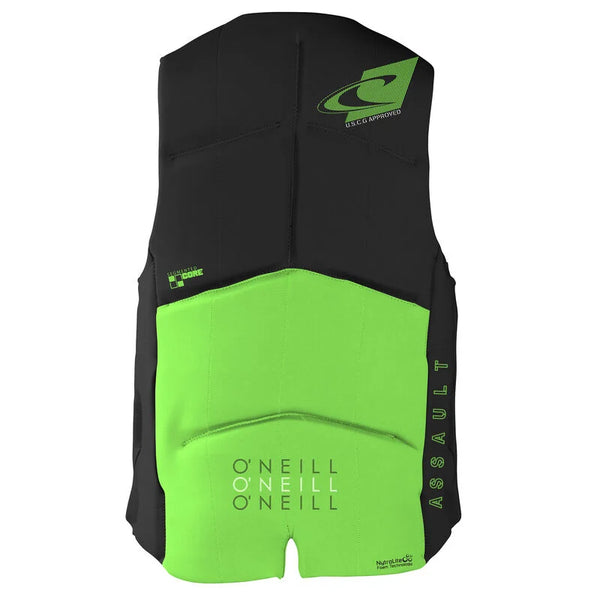 Back view of O'Neill Assault CGA watersports life vest in green