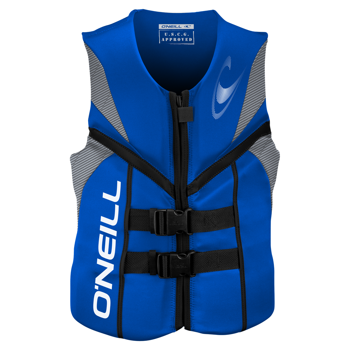 blue version of a O'Neill Reactor USCG approved Level 70 life vest for wakeboarding and wakesurfing