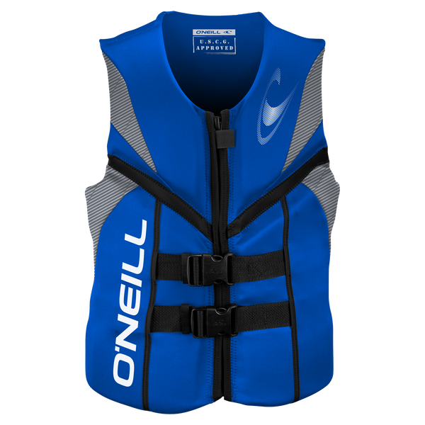 blue version of a O'Neill Reactor USCG approved Level 70 life vest for wakeboarding and wakesurfing