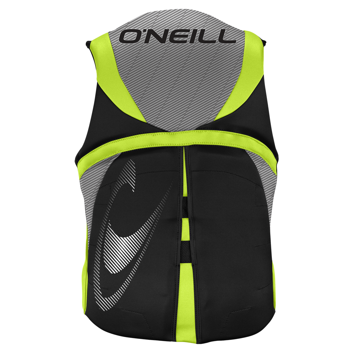back of the Green O'Neill Reactor USCG approved Level 70 life vest for wakeboarding and wakesurfing