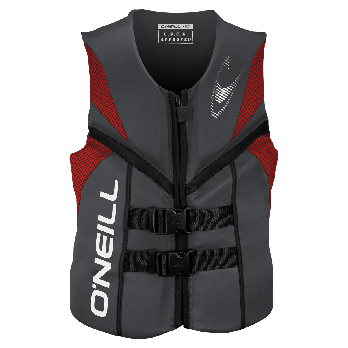 front of a red O'Neill Reactor USCG approved Level 70 life vest for wakeboarding and wakesurfing