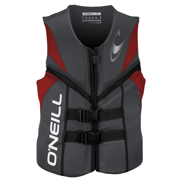 front of a red O'Neill Reactor USCG approved Level 70 life vest for wakeboarding and wakesurfing