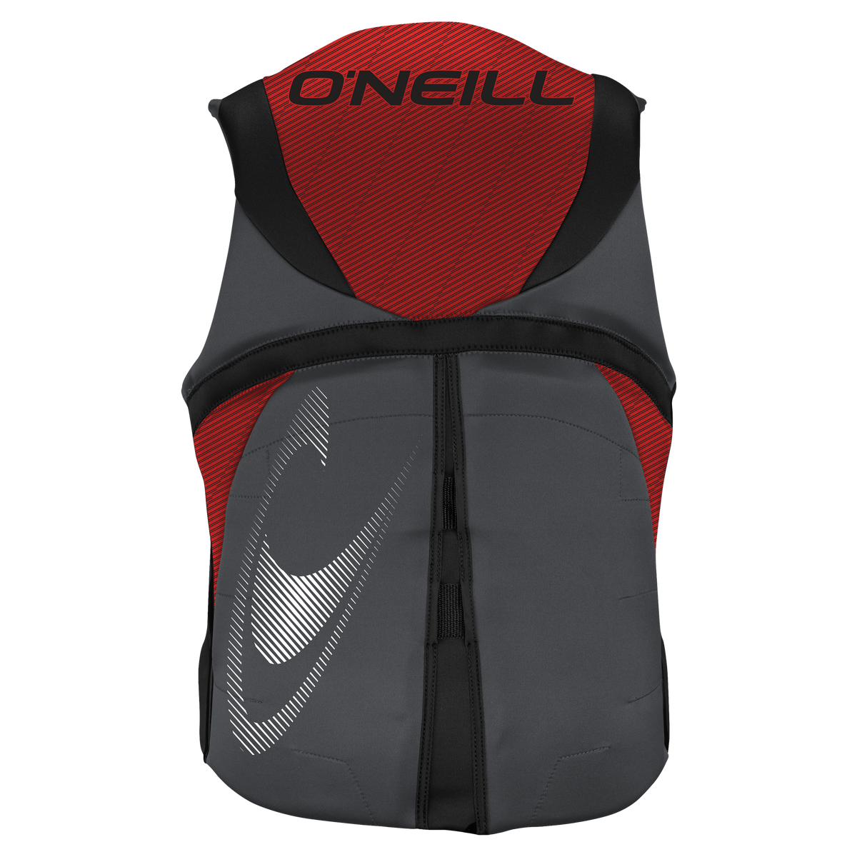 back of a red O'Neill Reactor USCG approved Level 70 life vest for wakeboarding and wakesurfing