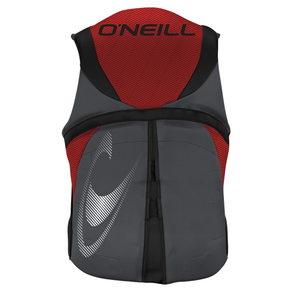 back of a red O'Neill Reactor USCG approved Level 70 life vest for wakeboarding and wakesurfing
