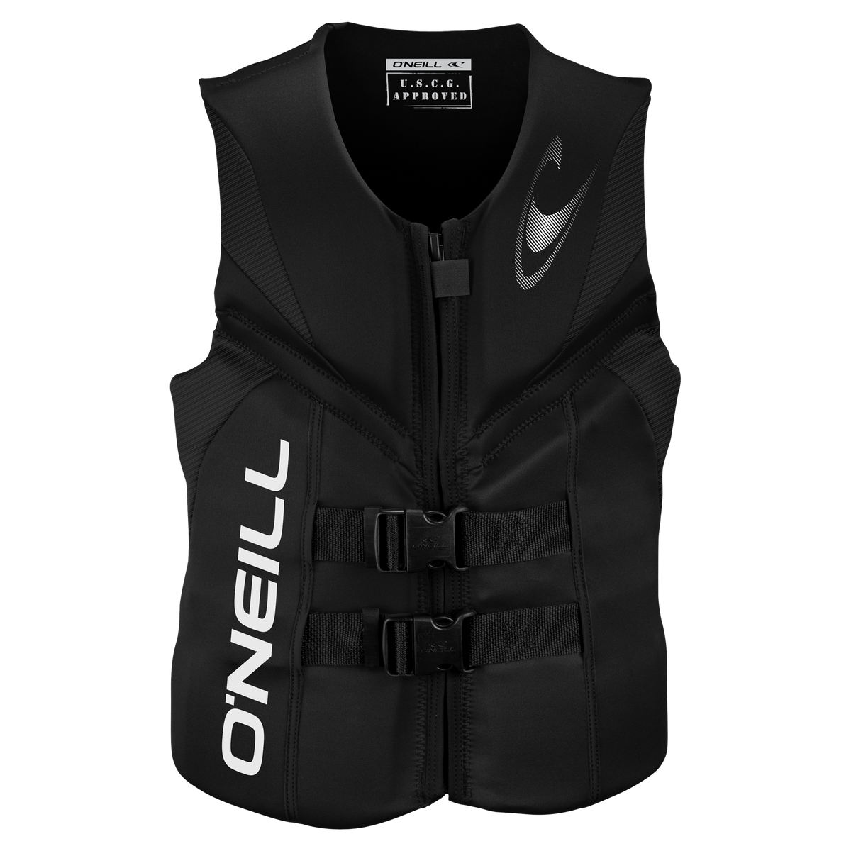 black color of O'Neill Reactor USCG approved Level 70 life vest for wakeboarding and wakesurfing