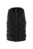 Black O'Neill Slasher Comp Vest with a front zipper and minimal bulk design, featuring integrated lumbar support and an anatomical fit.