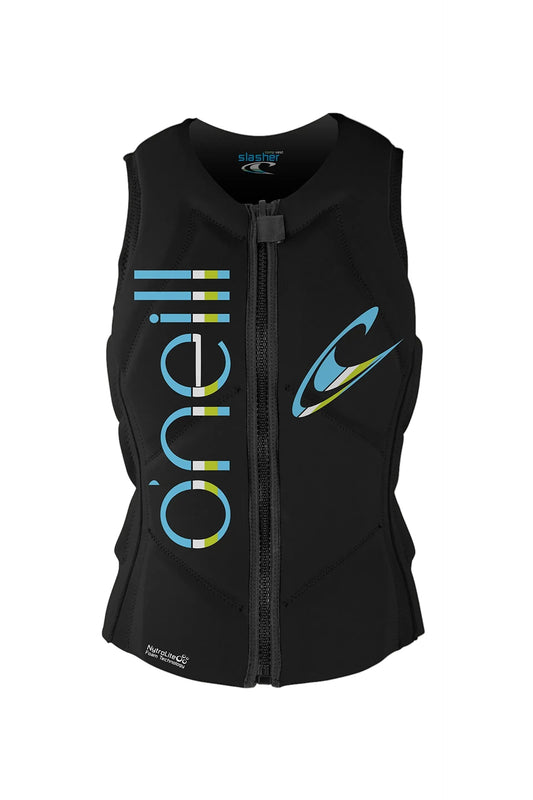 A black O'Neill Slasher Women's Competition Vest with a front zipper and branding on the chest.