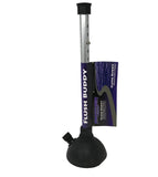 A Panther Flush Buddy fake lake inboard motor flush tool with a black rubber cup, metal shaft, and adjustable length settings, standing upright against a white background with a product packaging visible to the right.